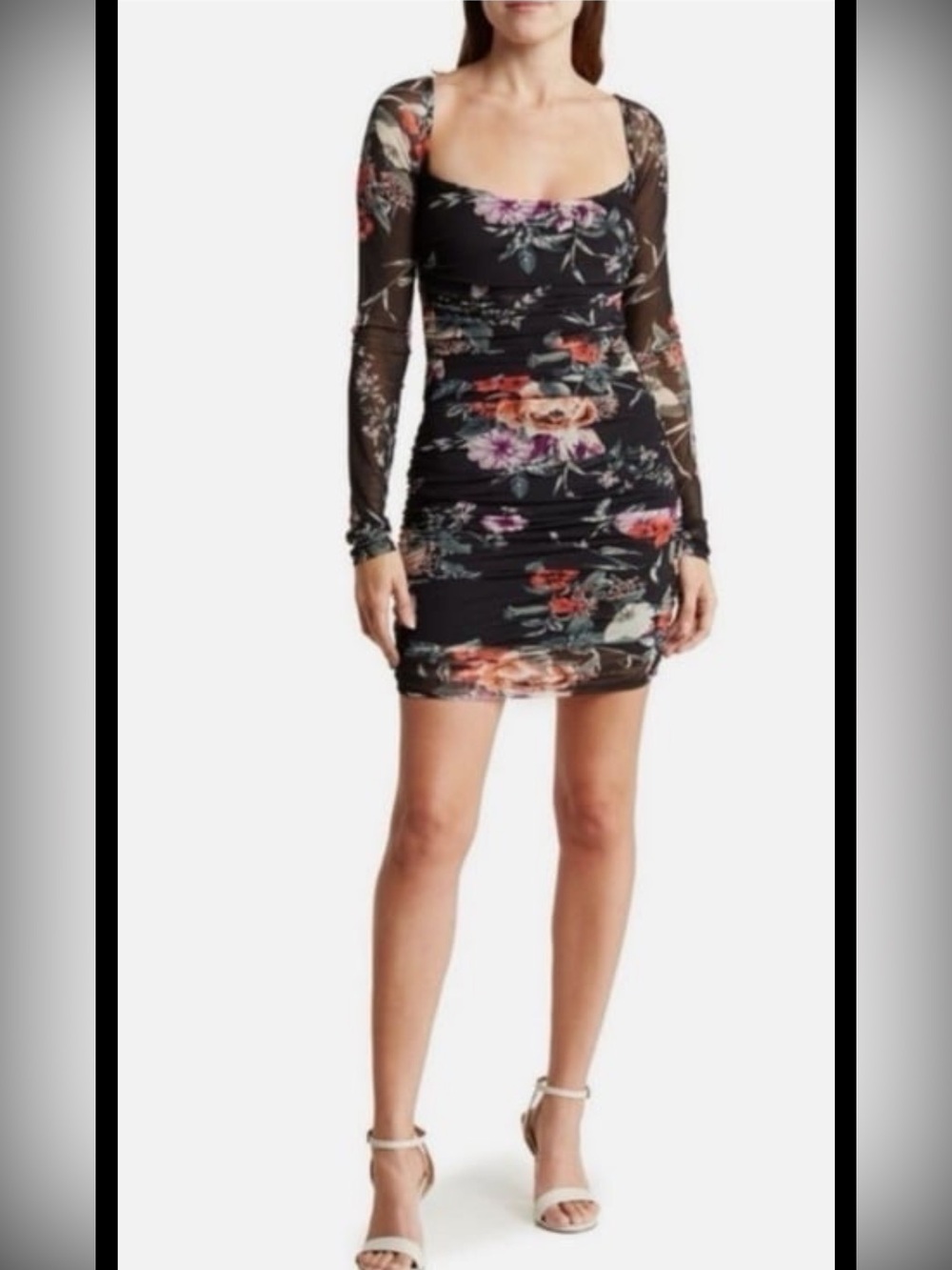 AFRM Black Floral Mesh Square-Neck Long-Sleeve Mini Dress